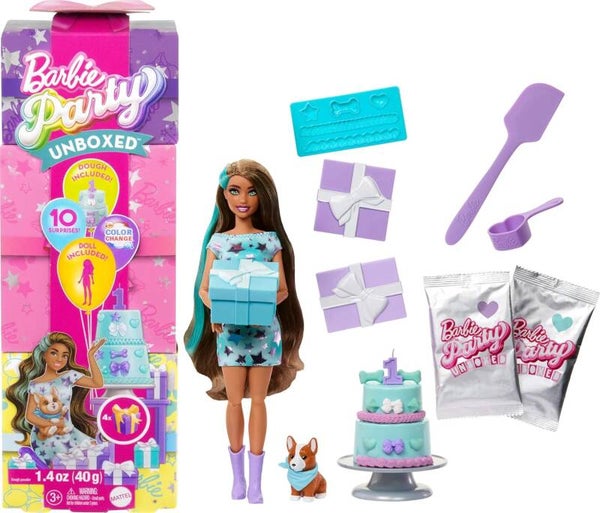 Barbie Party Unboxed Puppe und Accessoires, Haustier-Geburtstagsserie, Party Stars-Set mit 10 Überraschungen inklusive Farbwechseleffekt und Kuchendekoration, JFG72