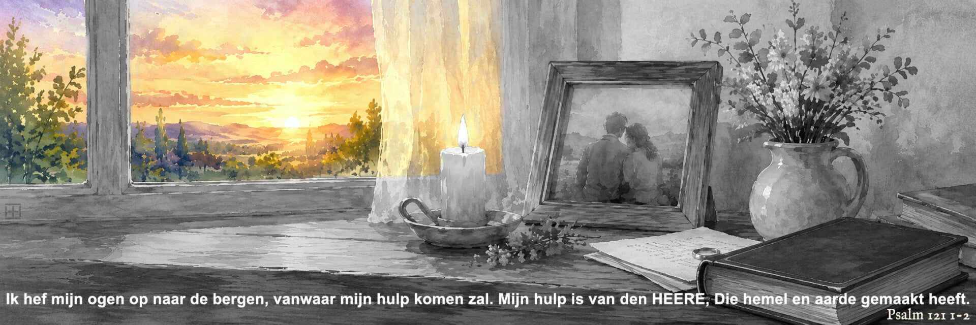 Ik hef mijn ogen op naar de bergen, vanwaar mijn hulp komen zal. Mijn hulp is van den HEERE, Die hemel en aarde gemaakt heeft. 