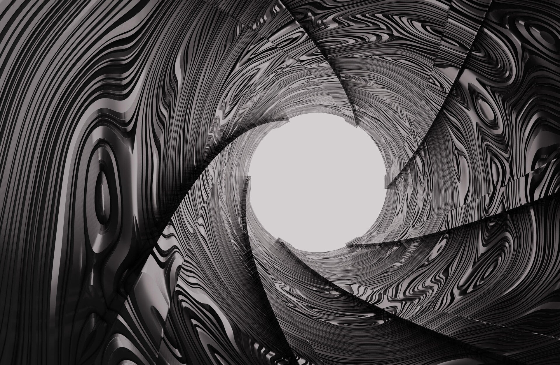 3D-Ansicht eines Kameraverschlusses mit schwarz-weißen, wellenförmigen Mustern auf den Blenden, Blick in die Mitte des Verschlusses, Kontext Blog Jenseitskontakte Jana Lorenz.