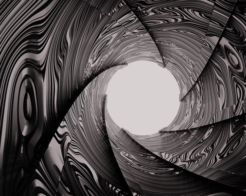 3D-Ansicht eines Kameraverschlusses mit schwarz-weißen, wellenförmigen Mustern auf den Blenden, Blick in die Mitte des Verschlusses, Kontext Blog Jenseitskontakte Jana Lorenz.
