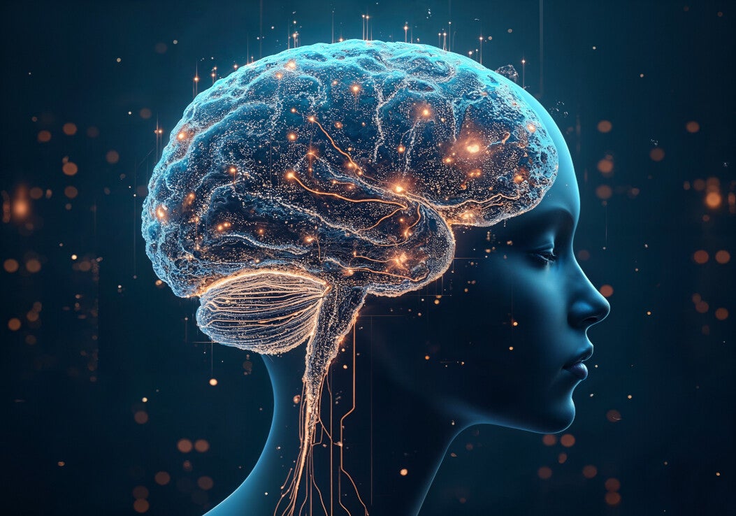 Grafik eines menschlichen Kopfes mit einem leuchtenden, blauen Gehirn, das von elektrischen Impulsen umgeben ist. Hintergrund mit leuchtenden Punkten, im Kontext mit Blog Jenseitskontakte Jana Lorenz.