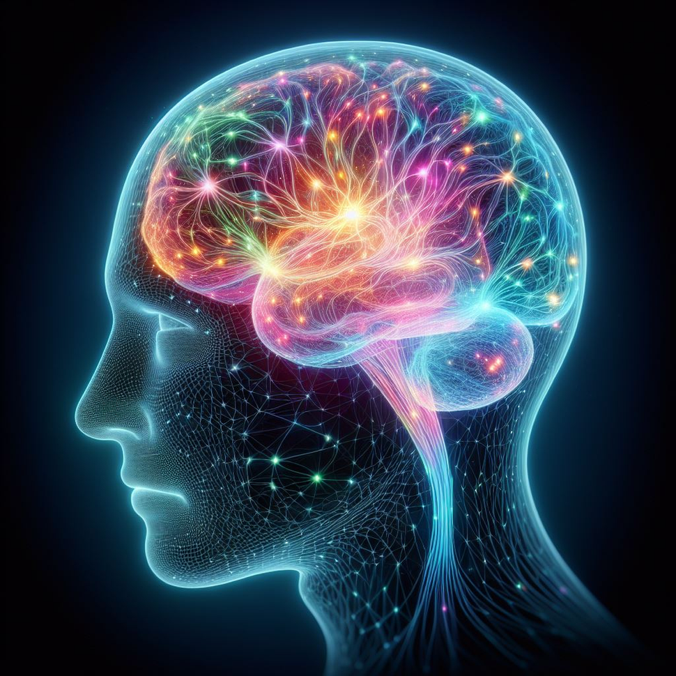 Ein leuchtendes, stilisiertes menschliches Gehirn in Profilansicht, mit bunten, leuchtenden Nervenbahnen und neuronalen Verbindungen, Kontext Blog Jenseitskontakte Jana Lorenz.