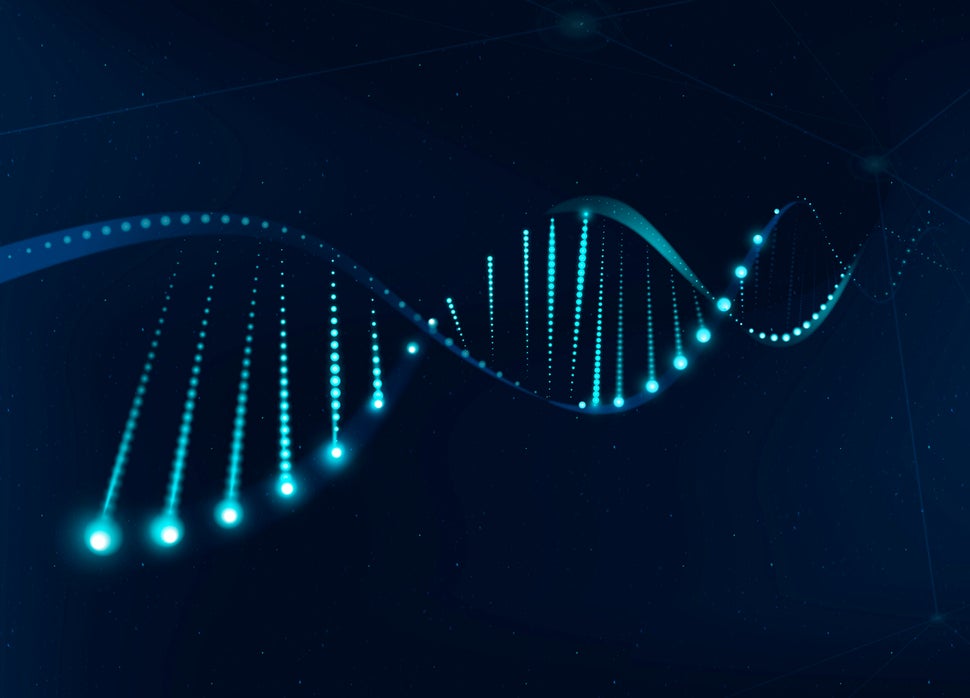 Grafik einer DNA-Doppelhelix mit leuchtenden blauen Punkten entlang der Stränge, die eine futuristische Darstellung von genetischer Biotechnologie zeigt, Kontext Blog Jenseitskontakte Jana Lorenz.
