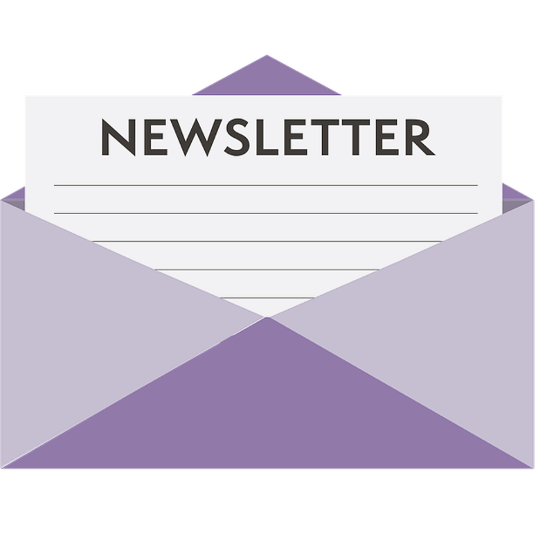 Geöffneter lila Briefumschlag mit einem weißen Blatt Papier, auf dem oben in Großbuchstaben 'NEWSLETTER' steht; im Kontext mit Jenseitskontakte Jana Lorenz.