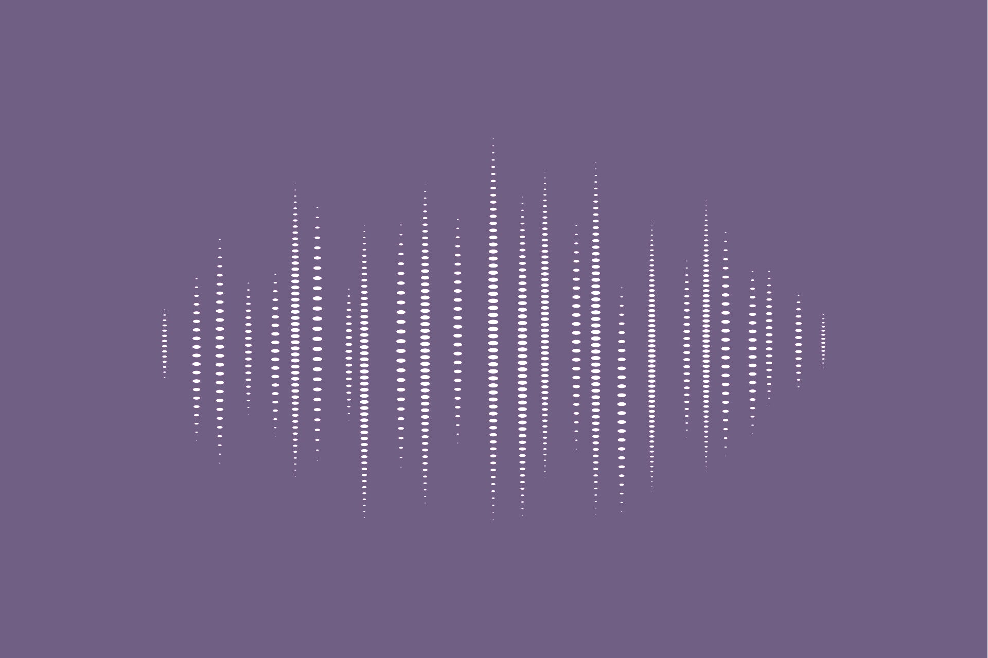 Symmetrische, vertikal angeordnete Punkte in unterschiedlicher Höhe auf violettem Hintergrund, die eine Schallwellenform darstellen, im Kontext Jenseitskontakte Jana Lorenz.