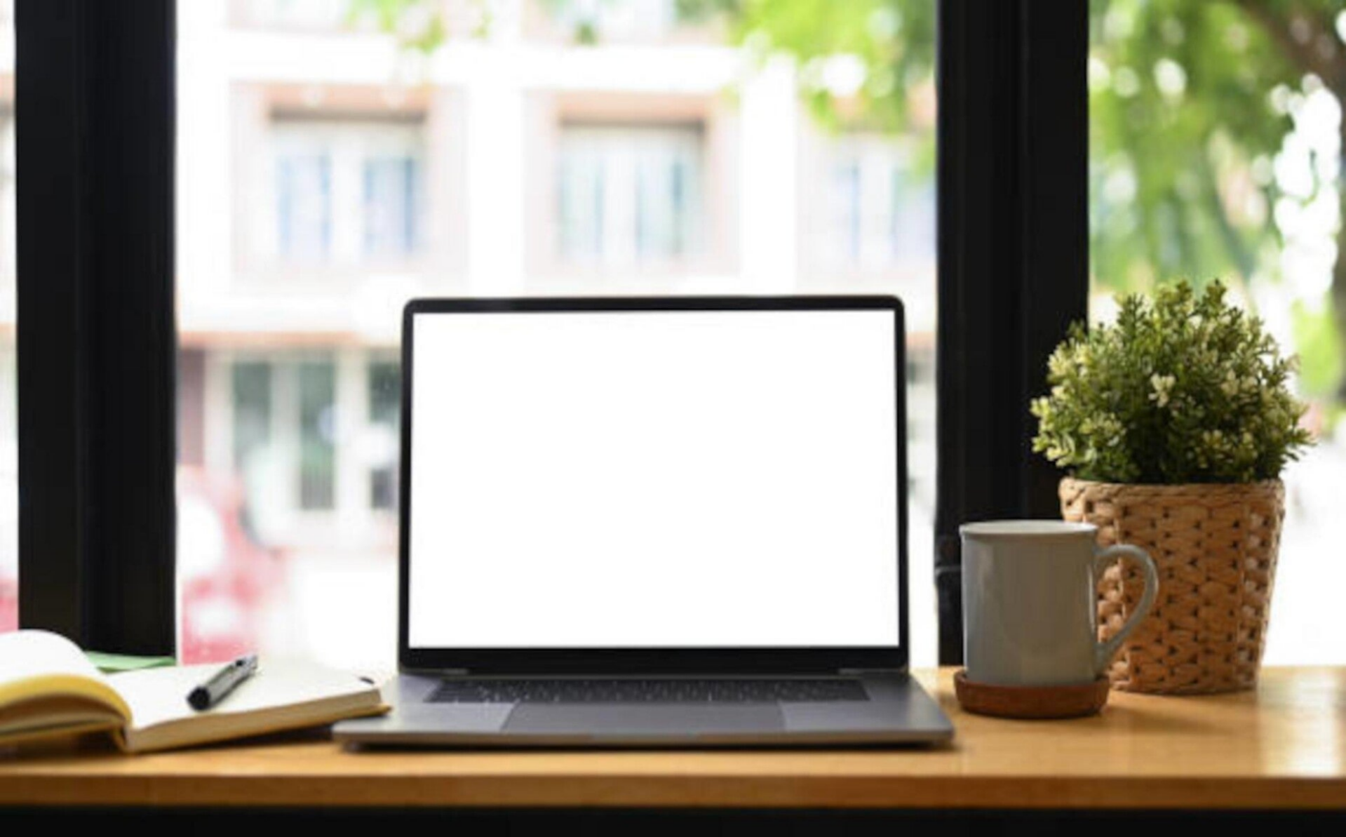 Ein Laptop mit leeren Bildschirm steht auf einem Holztisch mit Pflanzen an einem Fenster, im Kontext mit Jenseitskontakte Jana Lorenz.