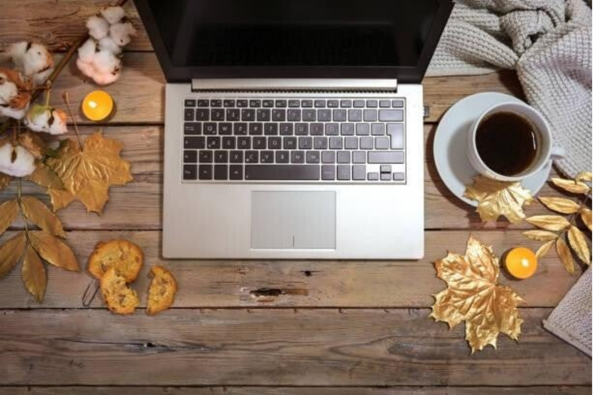 Hände mit rotem Nagellack halten eine Tasse Kaffee über einer geöffneten Laptop-Tastatur, umgeben von Herbstblättern und einem Notizbuch mit Stift, im Kontext mit Jenseitskontakte Jana Lorenz.