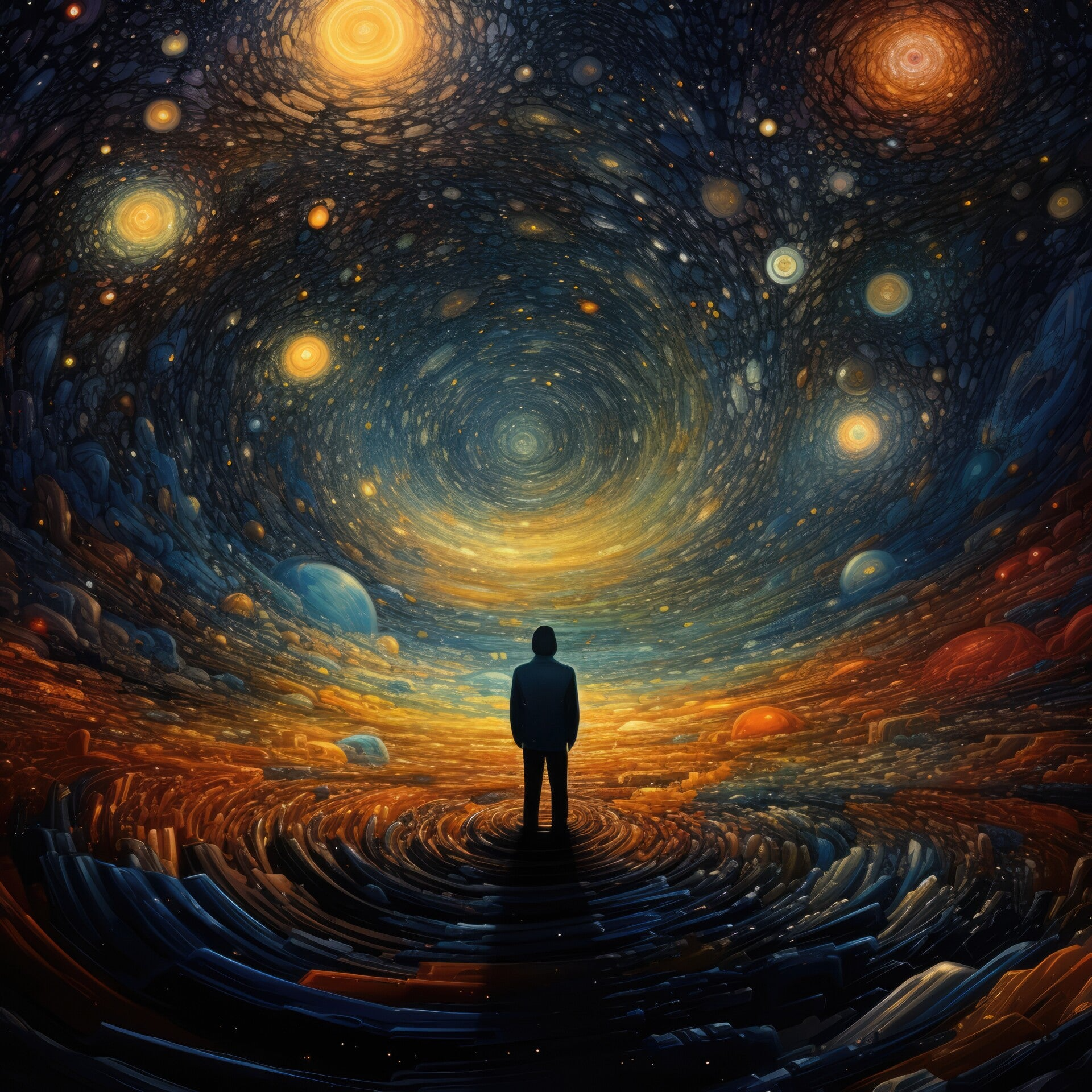 Eine silhouettenhafte Person steht in einer farbenfrohen, spiralförmigen Galaxie mit Planeten und Sternen im Hintergrund, Kontext Blog Jenseitskontakte Jana Lorenz