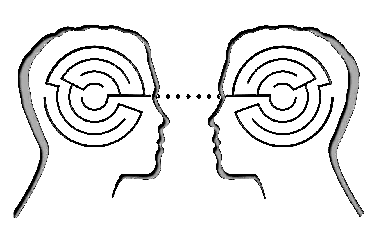 Zwei weiße Kopfprofile mit Labyrinthmustern im Inneren, verbunden durch eine gepunktete Linie, symbolisieren mentale Verbindung im Kontext von Online Vorträgen mit Medium Jana Lorenz.