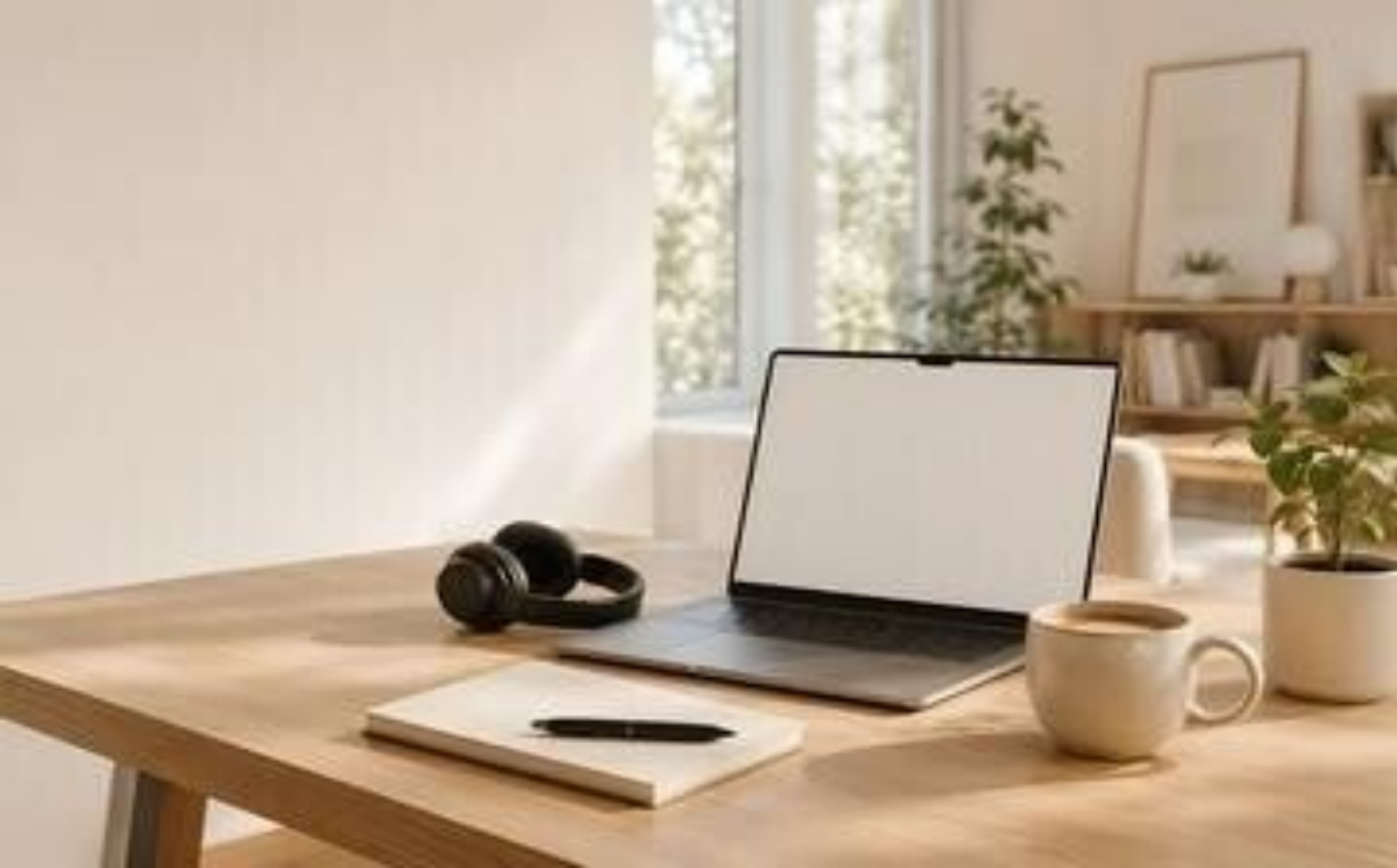 Laptop mit leerem Bildschirm auf Holztisch neben Notizblock mit Stift, Kaffeetasse, Kopfhörern und Pflanze in hellem Raum, im Kontext mit Jenseitskontakte Jana Lorenz.