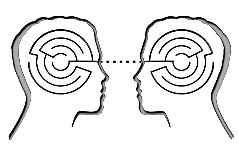 Zwei weiße Kopfprofile mit Labyrinthmustern im Inneren, verbunden durch eine gepunktete Linie, symbolisieren mentale Verbindung im Kontext von Online Vorträgen mit Medium Jana Lorenz.