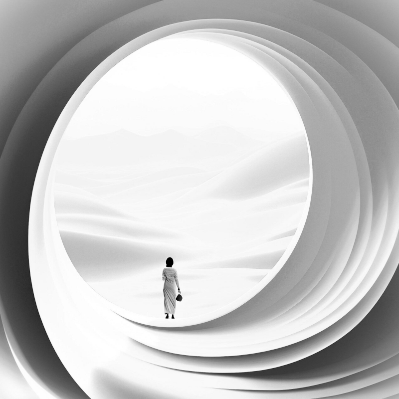 Frau in lila Kleid steht in einem großen, runden Tunnel und blickt auf sanfte, lila Hügel und Berge im Hintergrund im Kontext Jenseitskontakte Jana Lorenz.