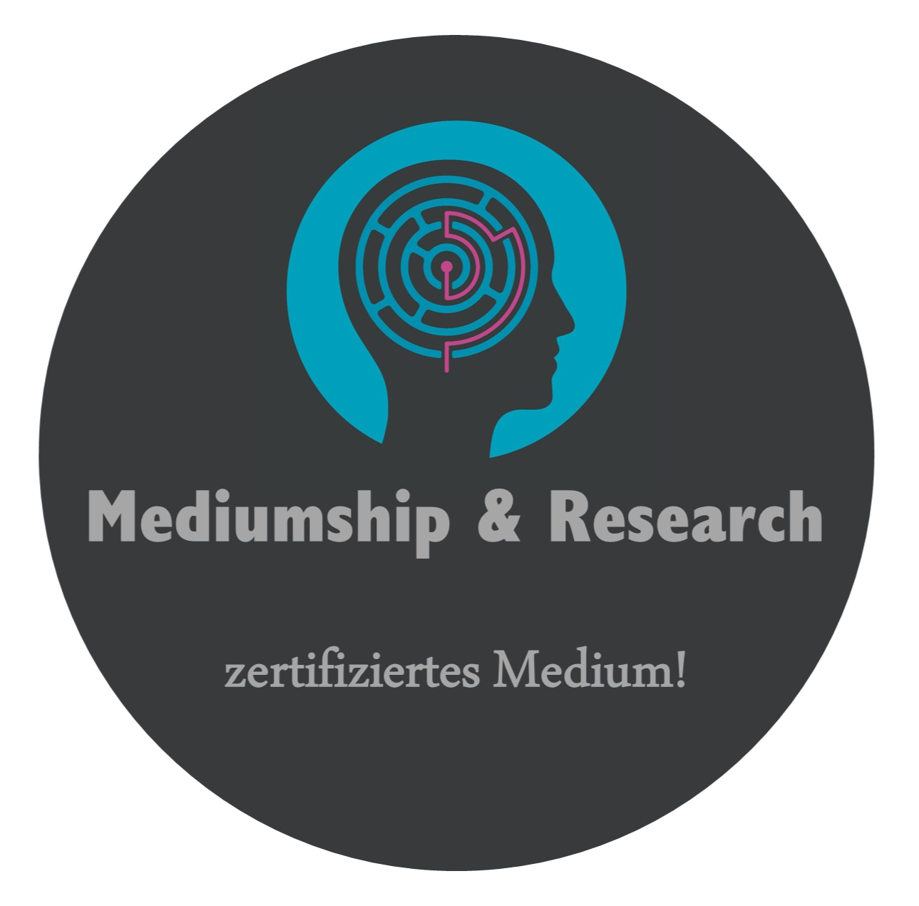 Logo von Mediumship & Research mit blauem Kopfprofil und Labyrinth im Gehirnbereich, Text 'Mediumship & Research' und 'zertifiziertes Medium!' im Kontext mit  Jana Lorenz