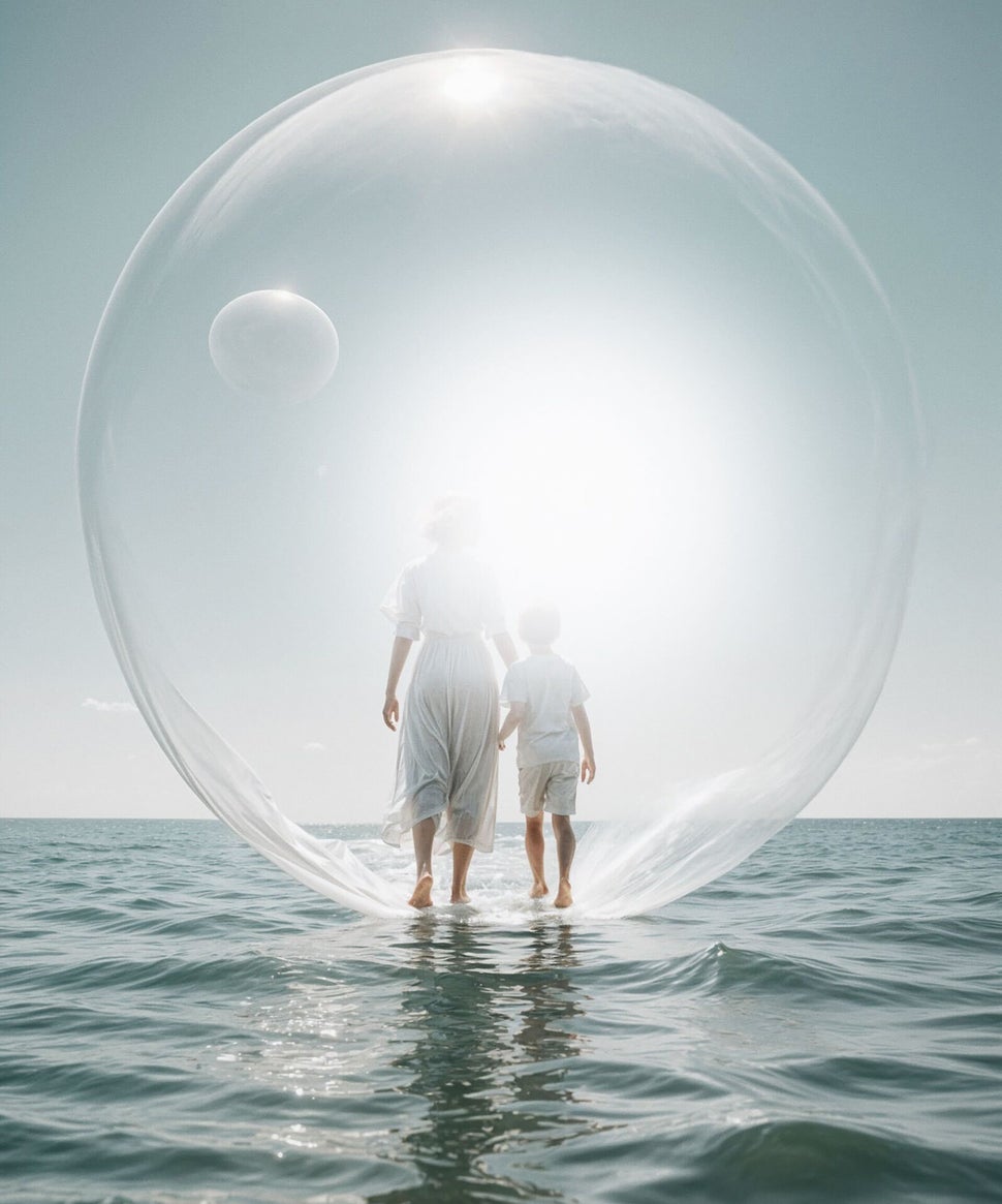 Eine Frau und ein Junge stehen in einem großen, transparenten Blasenformat über dem Wasser. Die Sonne strahlt hell hinter ihnen, während sie barfuß im Wasser stehen, Kontext Blog Jenseitskontakte Jana Lorenz.