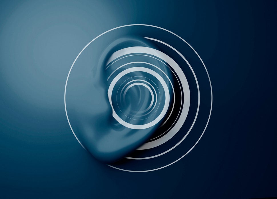 Grafik zeigt ein menschliches Ohr mit konzentrischen Wellenlinien, die von der Ohrmuschel ausgehen. Hintergrund in dunklem Blau, im Kontext mit dem Blog Jenseitskontakte Jana Lorenz.