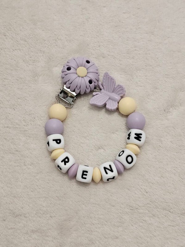 Attache tétine clip fleur / perle papillon