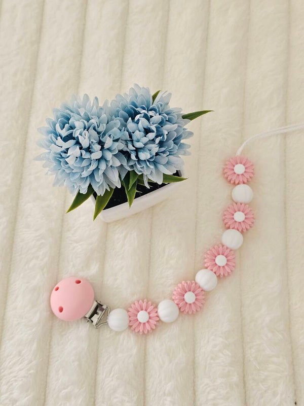 Attache tétine fleur rose / blanc