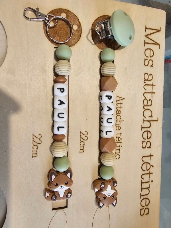 Attache tétine avec porte clé Renard