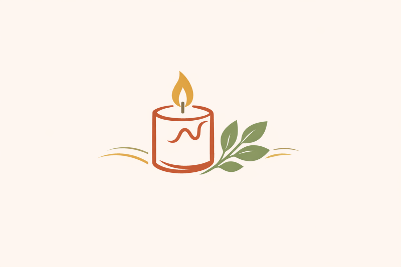 A candle and a leafy stem.