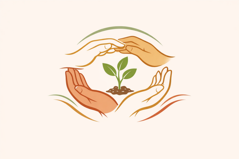 four hands surrounding a seedling.