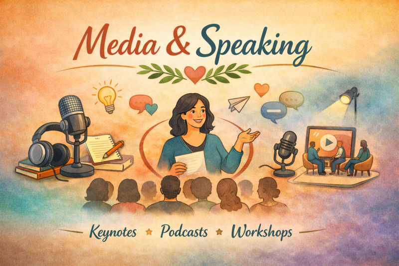 A warm illustration of a microphone surrounded by soft leaves and gentle sparkles, representing trauma‑informed and feminist public speaking.