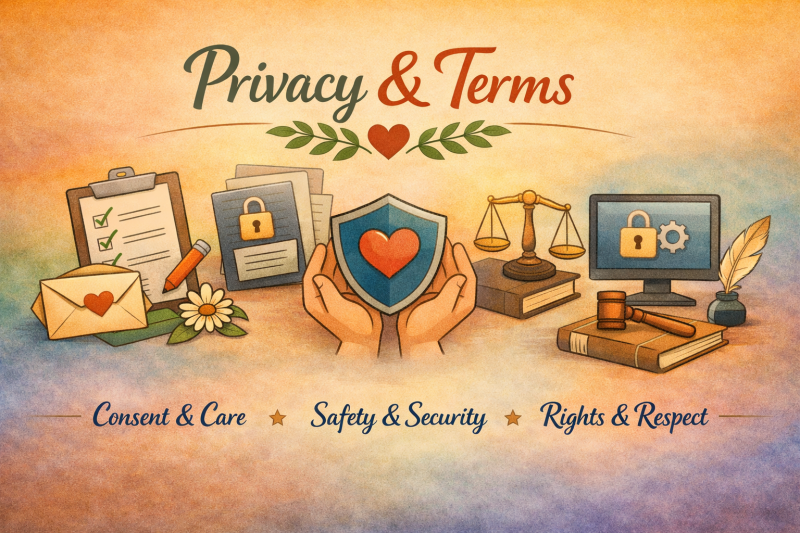 A warm, illustrated banner showing hands gently holding a heart‑shaped shield, surrounded by icons of consent, balance scales, a computer with a padlock, a clipboard checklist, and a gavel. Soft Autumn colours with a gradient background.