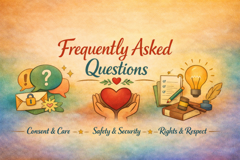 A colourful FAQ banner with speech bubbles containing question marks, a glowing lightbulb, an open notepad with a pencil, and hands holding a heart. Soft Autumn gradient background.