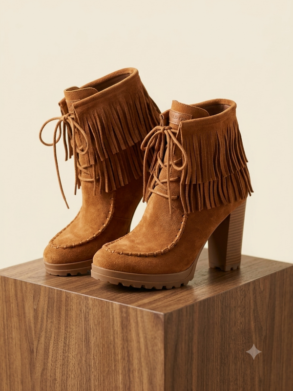 ​🤠 Boho Suede Fringe Lace-Up Heeled Platform Ankle Booties 🤠