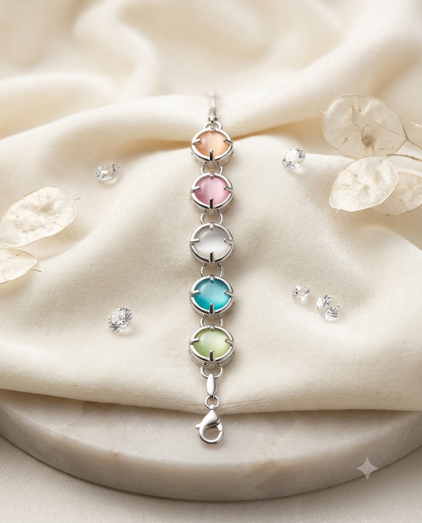 Vibrant Multicolor Cat’s Eye Glass Cabochon Station Bracelet in Silver-Tone Finish