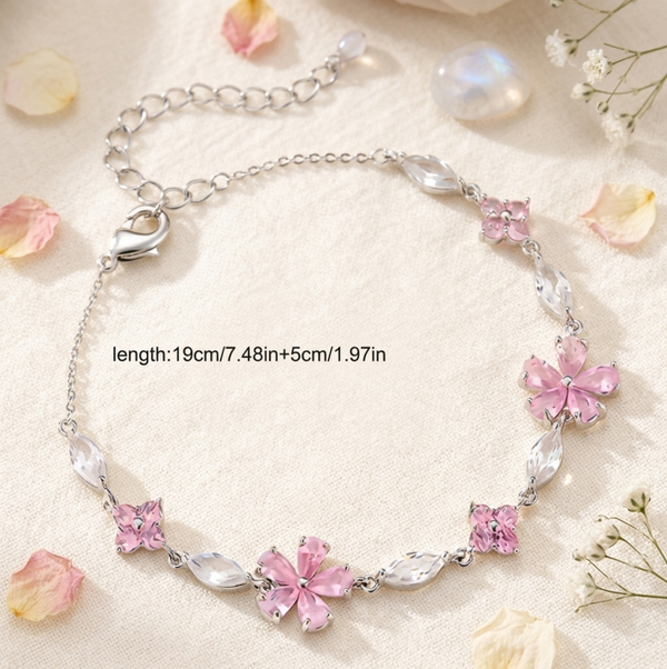 Silver Cherry Blossom & Crystal Floral Charm Bracelet