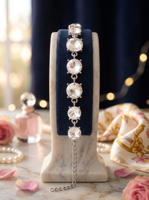 Silver-Tone Large Round Crystal Station Bracelet with Prong-Set Faceted Jewels