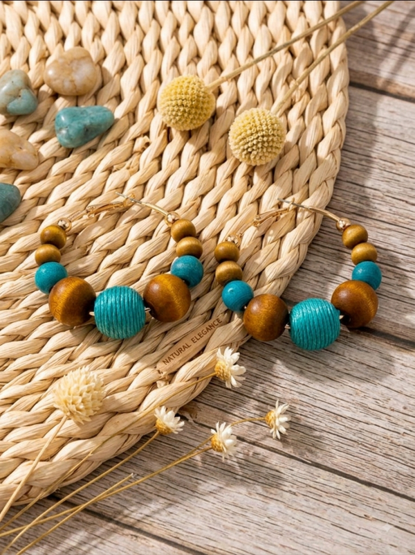 Boho Wooden & Teal Threaded Bead Hoop Earrings