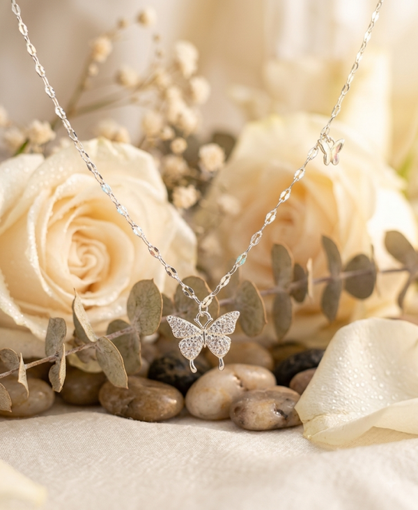 Silver Sparkling Butterfly Pendant Necklace - Pave Cubic Zirconia Charm & Textured Chain