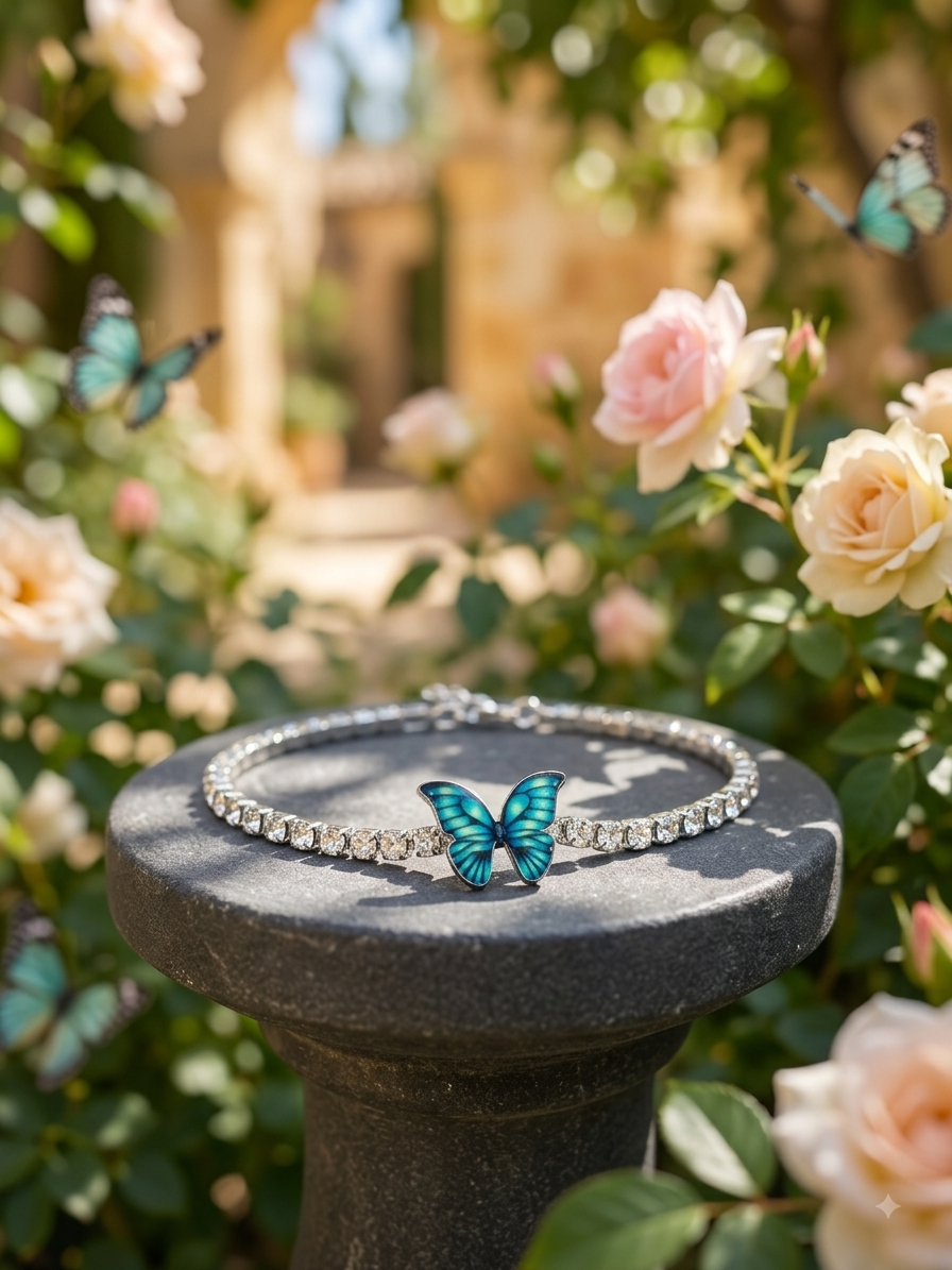 Sparkling Teal Butterfly Rhinestone Tennis Anklet