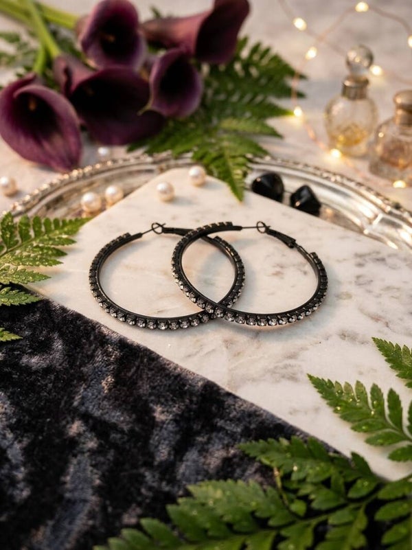 Gothic Black Rhinestone Hoop Earrings - Dark Metal Sparkling Crystal Large Hoop Earrings