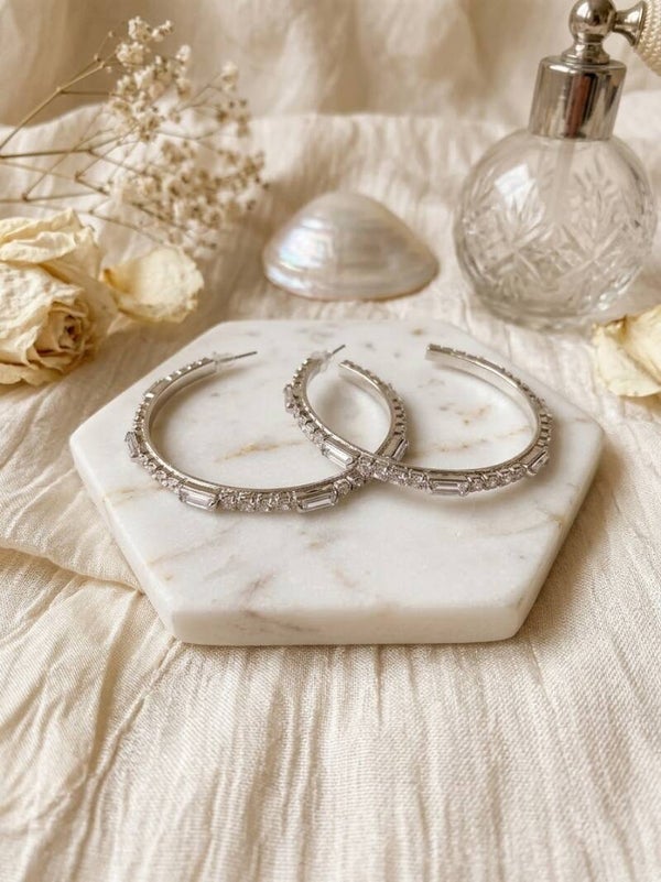 Silver Baguette & Round Cubic Zirconia Hoop Earrings - Sparkling Crystal Open Hoop Earrings