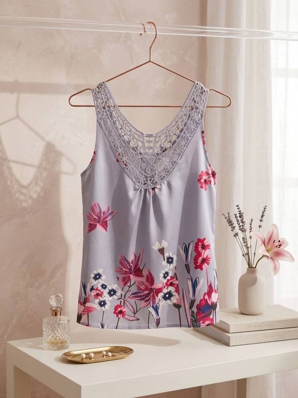 Women's Dusty Lavender Floral Lace V-Neck Tank Top - Sleeveless Crochet Yoke Cami Blouse