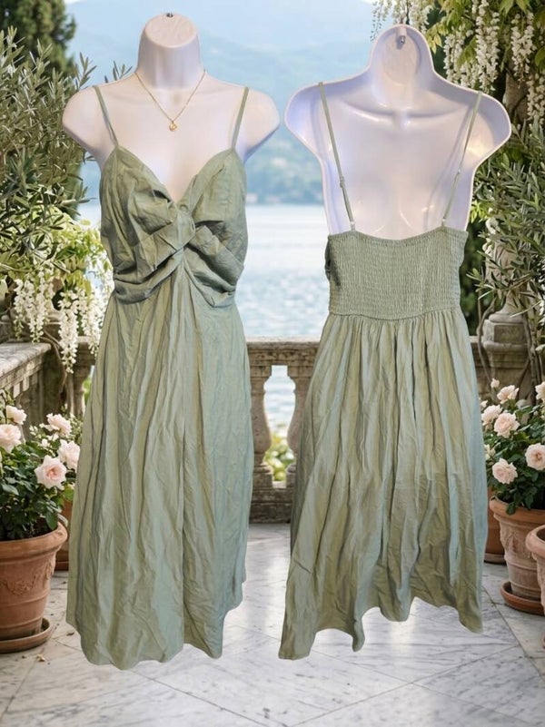 Women's Sage Green Twist-Front Midi Dress - Adjustable Cami Straps & Smoked Back Bustier Sundress