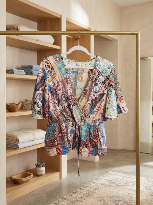 Women's Boho Patchwork Print Wrap Top - Flutter Sleeve V-Neck Peplum Blouse with Drawstring Detail