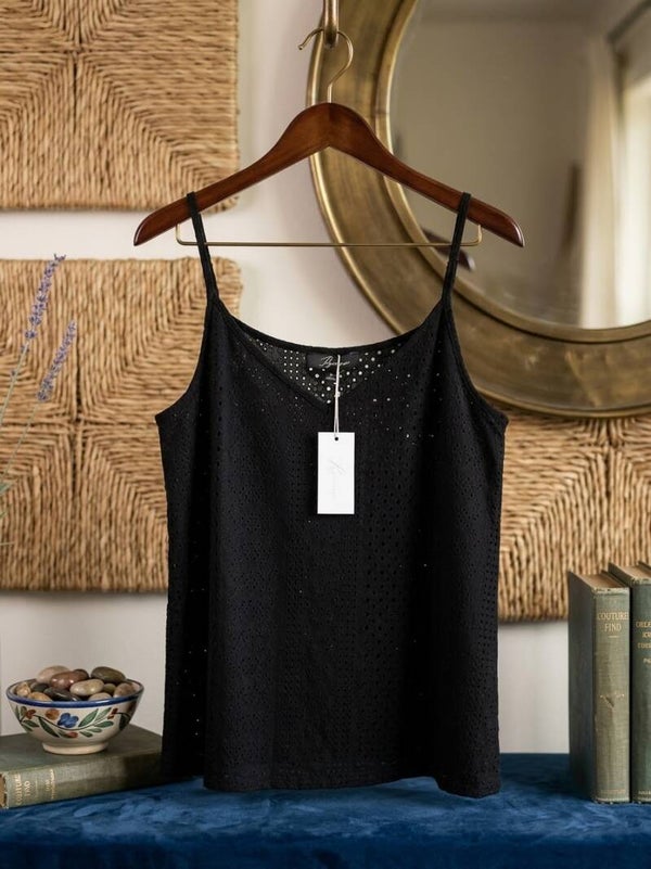 Black Eyelet Lace V-Neck Cami Top with Adjustable Spaghetti Straps