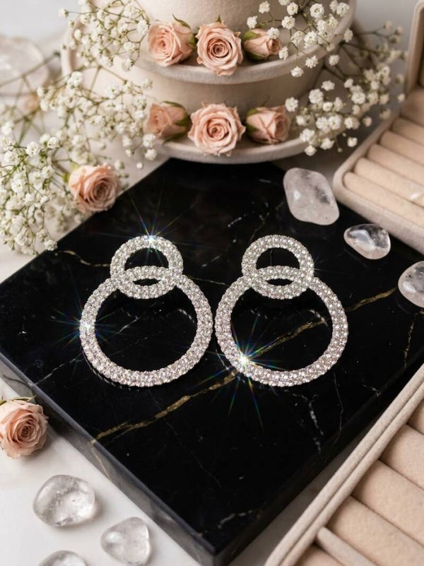Glamorous Sparkling Rhinestone Double Interlocking Circle Drop Earrings