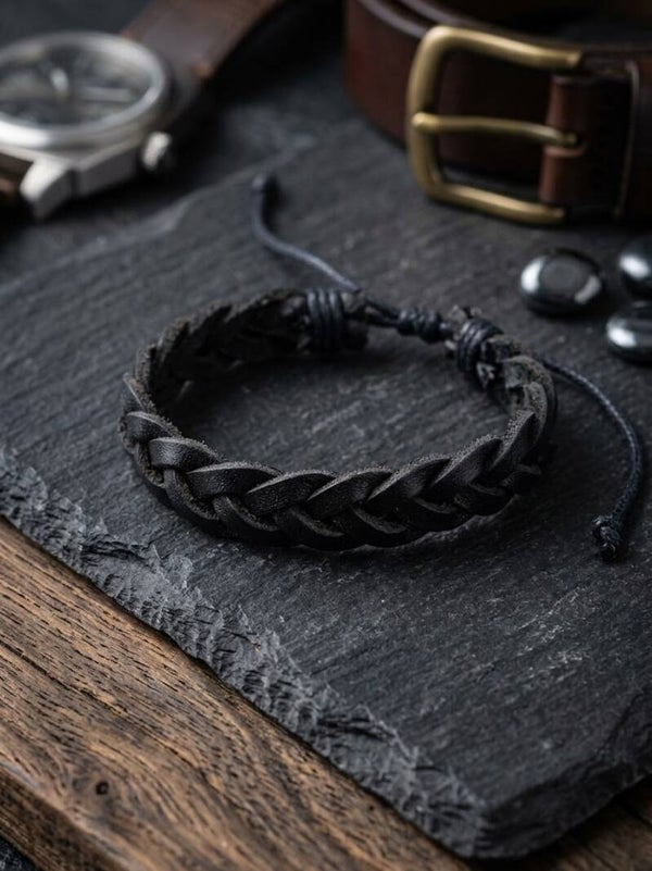 Men’s Braided Black Leather Adjustable Drawstring Bracelet