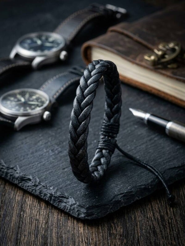 Men’s Distressed Charcoal Braided Leather Adjustable Cord Bracelet