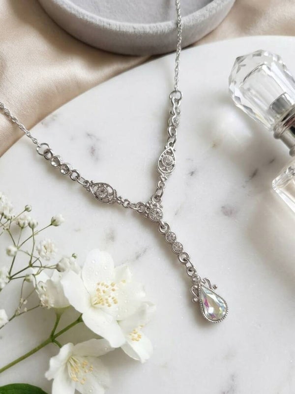 Vintage Style Silver Teardrop Y-Necklace with Iridescent Crystal Pendant