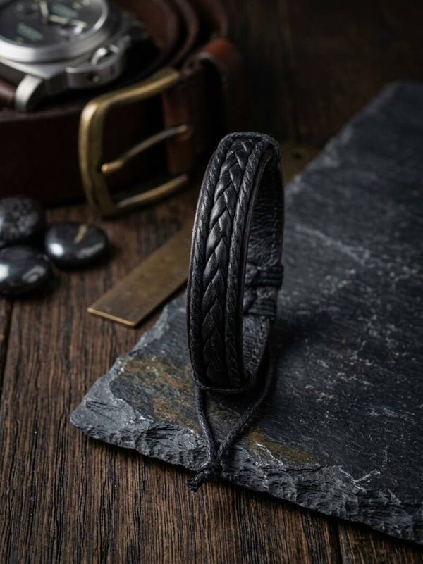 Men’s Wide Black Braided Leather Adjustable Strap Bracelet