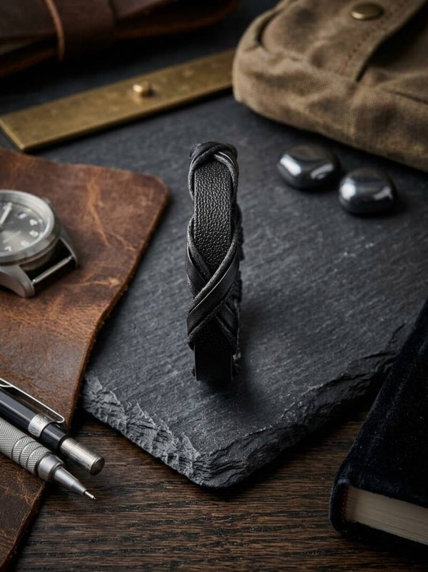 Men’s Black Textured Leather Crisscross Overlay Wrap Bracelet