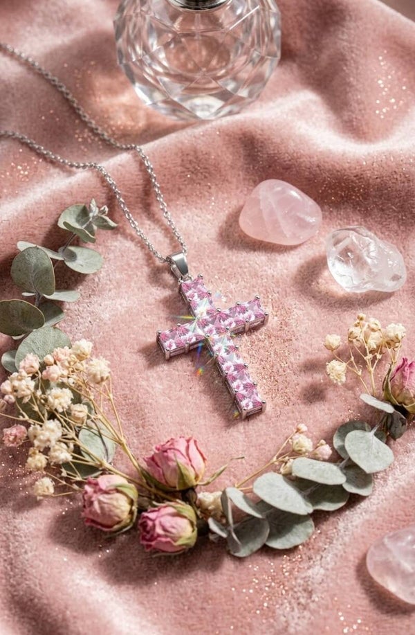 Sparkling Pink Crystal Rhinestone Cross Pendant Necklace