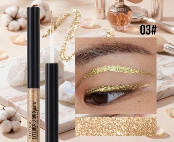 PECOLOVERS Liquid Glitter Eyeliner – Shade 03 Gold Sparkle, Long-Lasting & Smudge-Proof