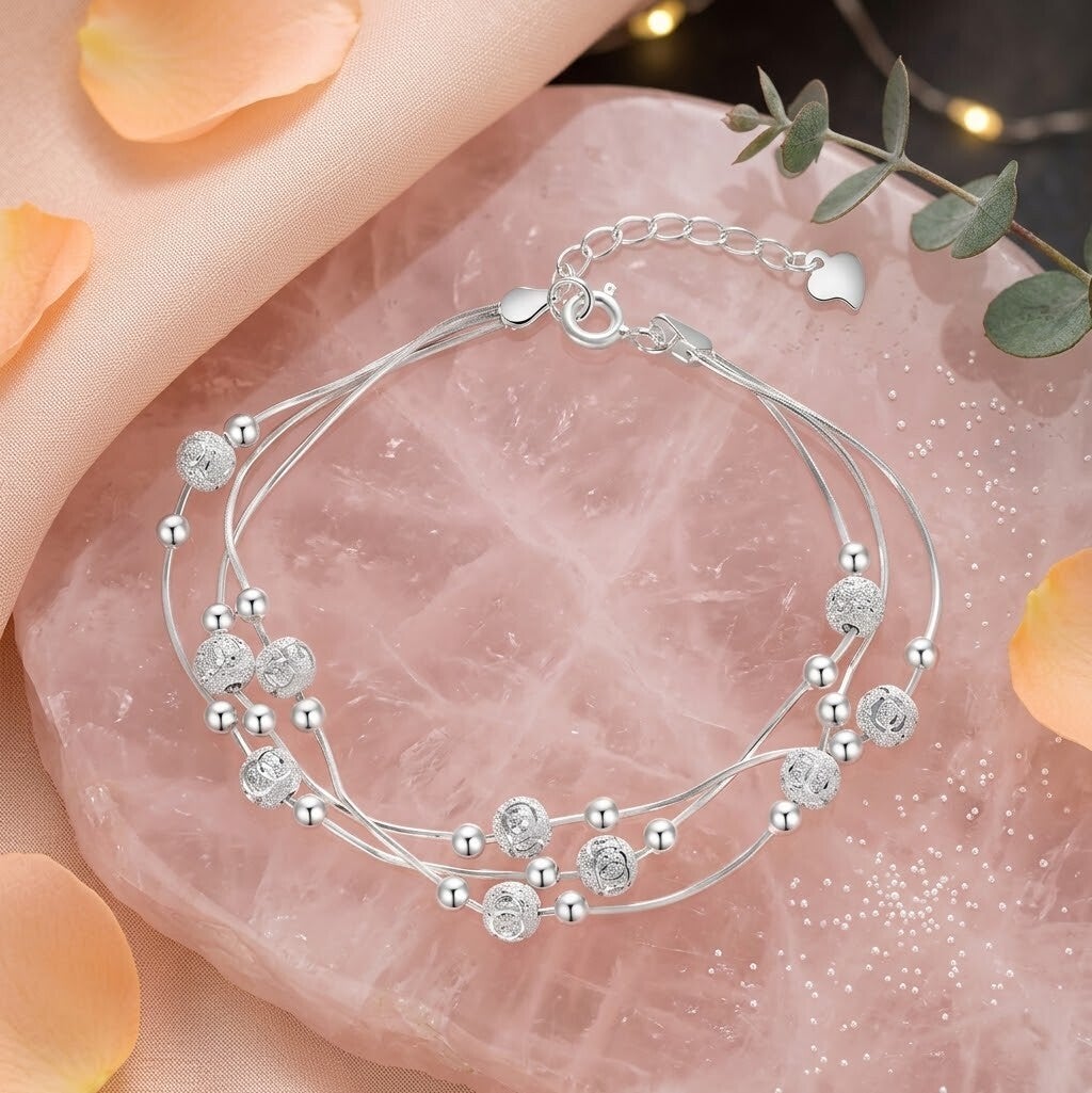 925 Sterling Silver Multi-Strand Frosted & Polished Bead Layered Bracelet
