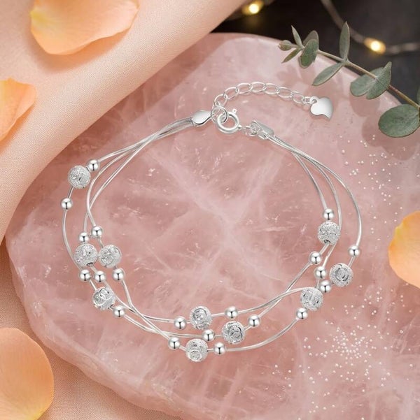 925 Sterling Silver Multi-Strand Frosted & Polished Bead Layered Bracelet